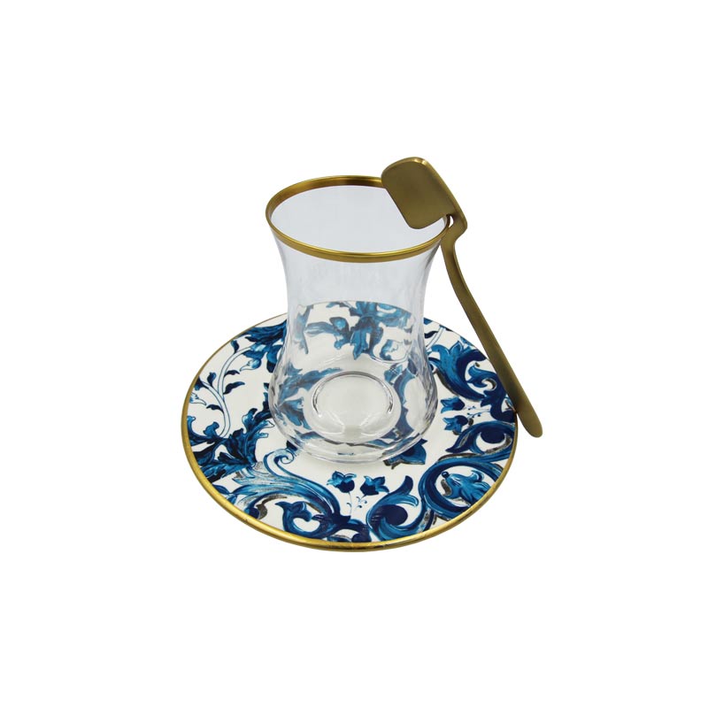 Porcelain Turkish Tea Cups High Quality Gold Bej Dark Blue
